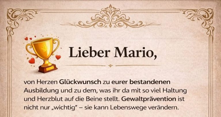 Glückwunsch zum bestandenen Kurs „Schulung zum Gewaltpräventionstrainer für Kinder“